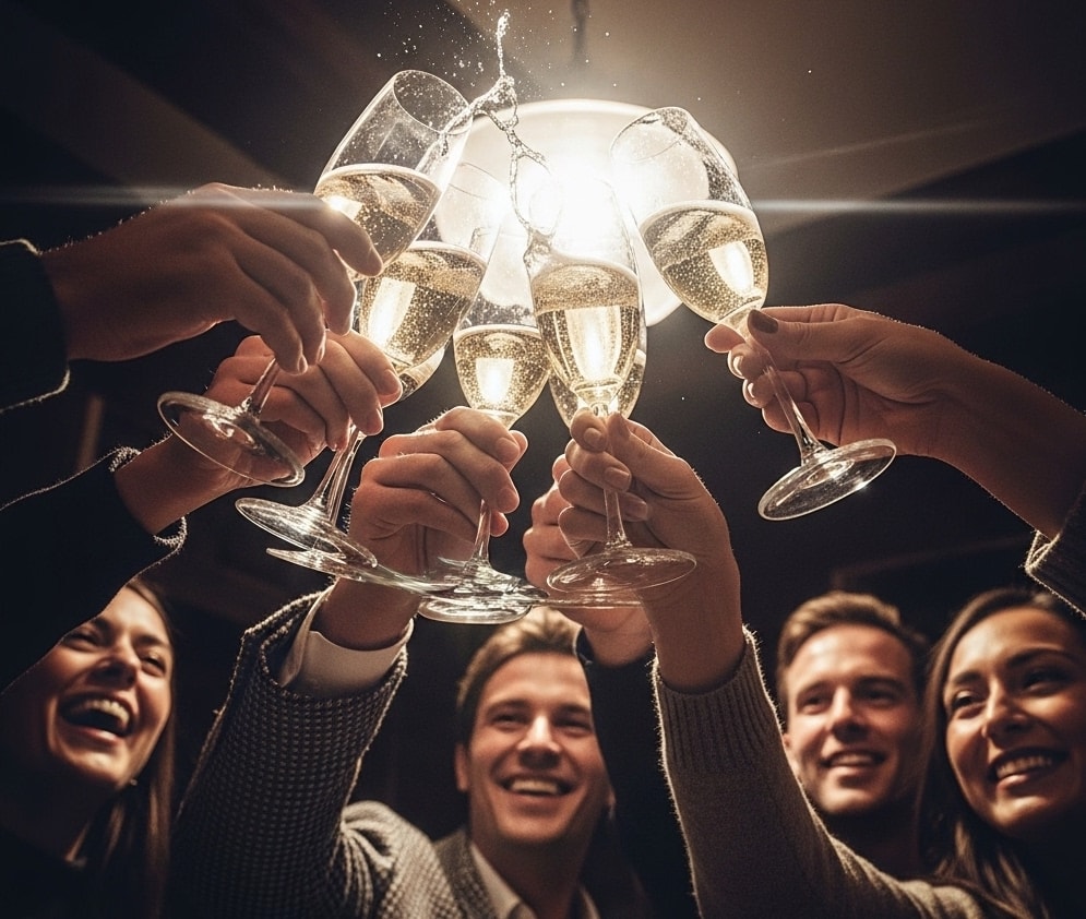 Grupo de pessoas sorrindo e e fazendo um brinde com taças cheias.
