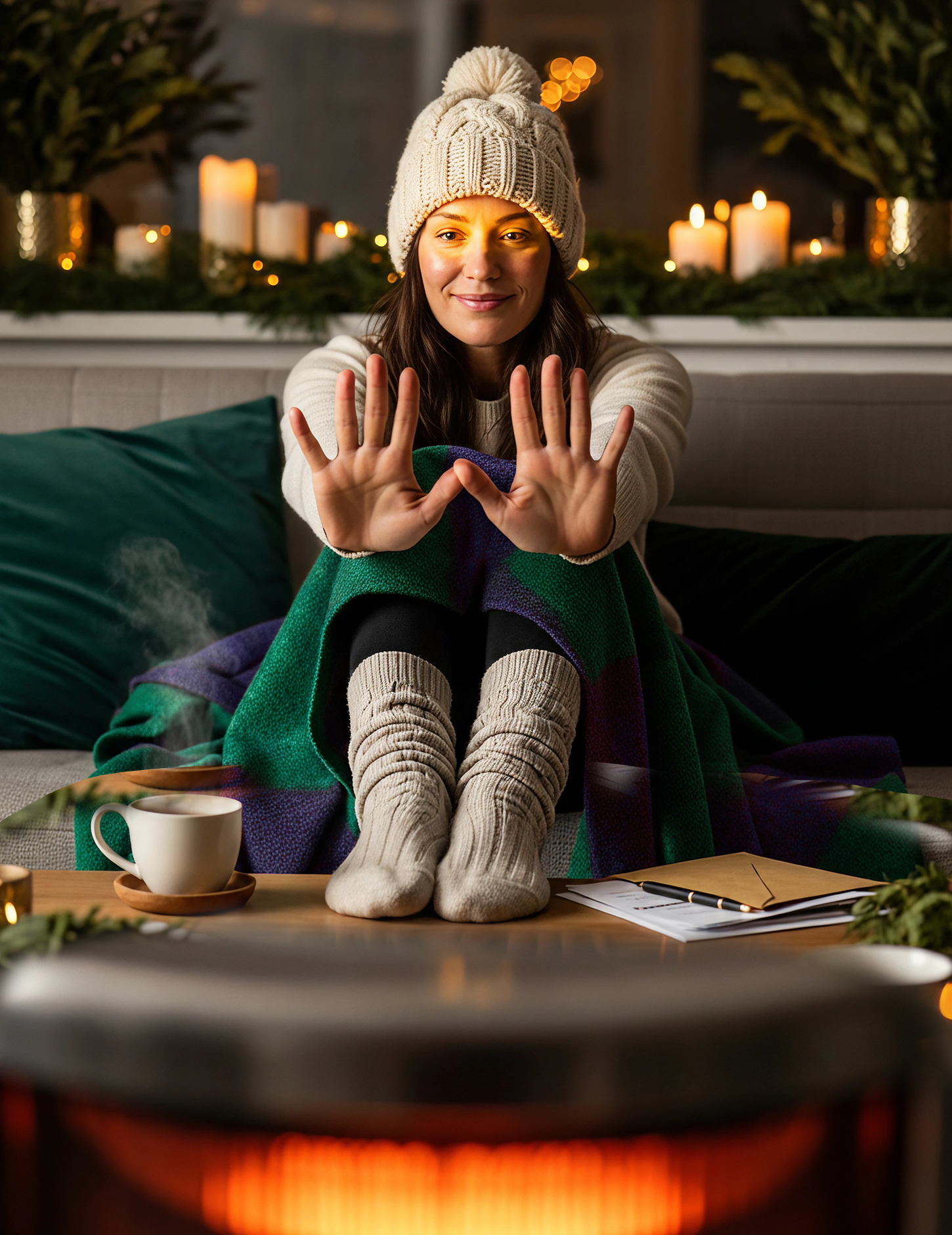 Mulher sentada em um sofá coberta com um cobertor, usando gorro e meias de lã. Ela aquece as mãos em frente a uma lareira acesa, com uma xícara de chá e cartas sobre a mesa, em um ambiente aconchegante iluminado por velas.